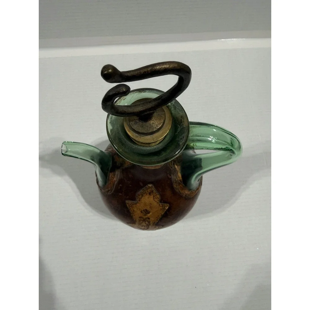 Vintage MCM Italian‎ Leather Wrapped Green Glass Decanter Bottle - 14.5